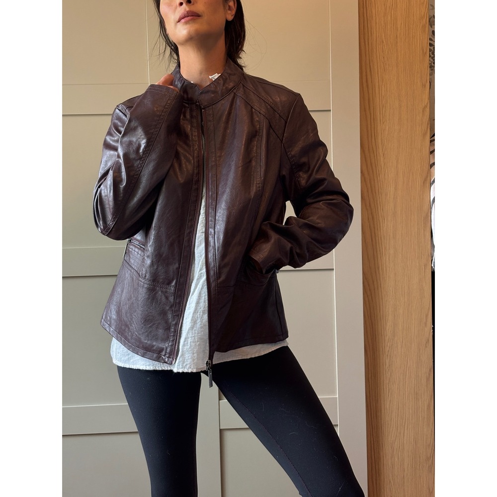 Apt. 9 Womens Faux Leather Moto Jacket Burgundy Brown XL Zip Front Pinstripe